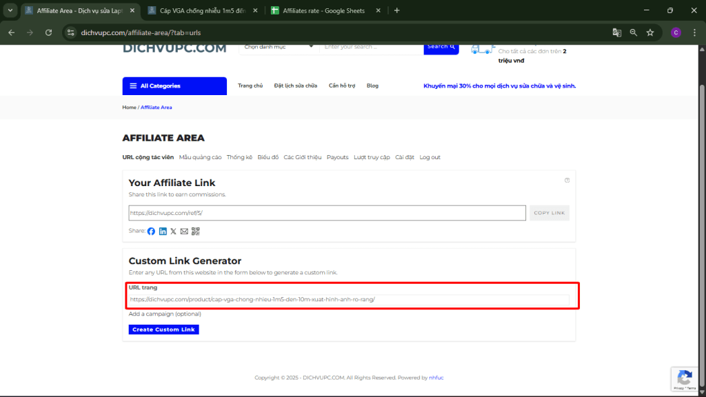 cách tạo link affiliate
